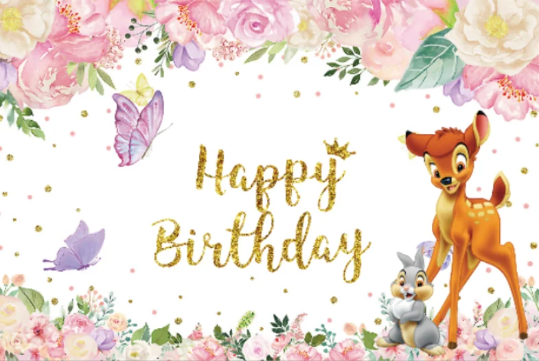 Bambi Backdrop Girls Deer Princess Boy First Happy Birthday Party Flower Butterfly Photograph Background Photo Banner Decoration