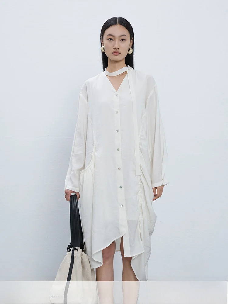 

XIMU STUDIOS Asymmetric Long Sve Dr Loose Meat Concealing White irt Sle Women's Faion Spring Autumn Commute Korea...