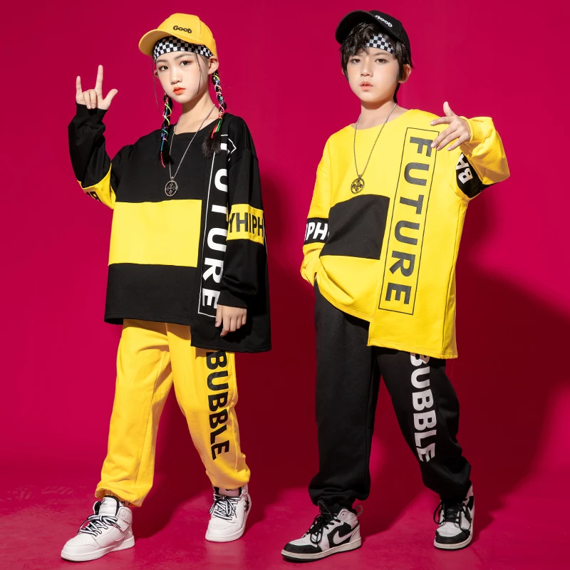 Kids Kpop Hip Hop Dancing Clothing 2 Tone Sweatshirt Top Streetwear Sweat Pants For Girl Boy Show Jazz Dance Costumes Clothes