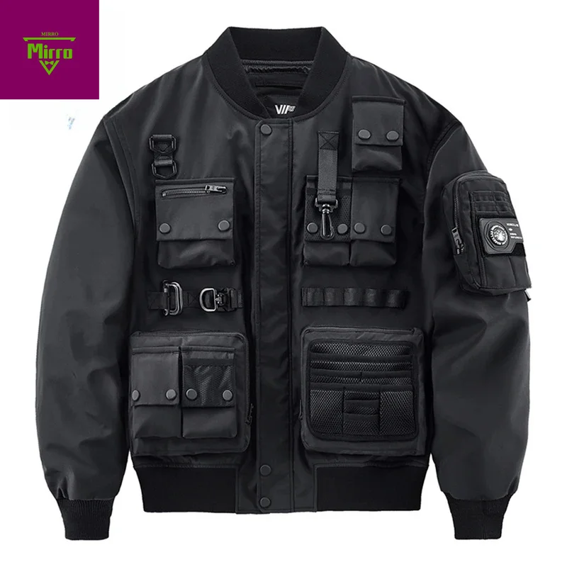 

Панк Хип-Хоп Куртка-бомбер Компас Рукава Карманы Сумки для боеприпасов Лента на пуговицах MA1 Куртки-пилоты Мужская мода Уличная одежда Пальто Харадзюку