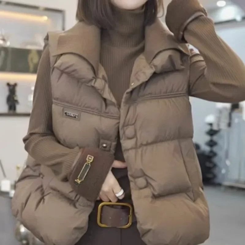 

Autumn and Winter New Maillard Style Down Cotton-padded Jacket Vest Women's Warm Lapel Sleeveless Waistcoat Cardigan Jacket