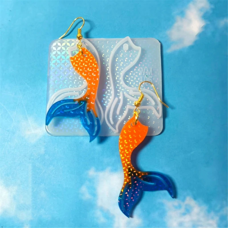 Silicone Resin Jewelry Mold Fish Tail Casting Mold with 2 Mirrored Cavities, Flexible DIY Earring Pendant Charm Mold for E0BF