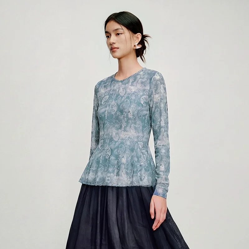 

a Life on the Left Elegant Style Long Sleeve T-Shirt Floral Print Slim Fit with Lace Hemline Walnut Pattern New Spring 2026