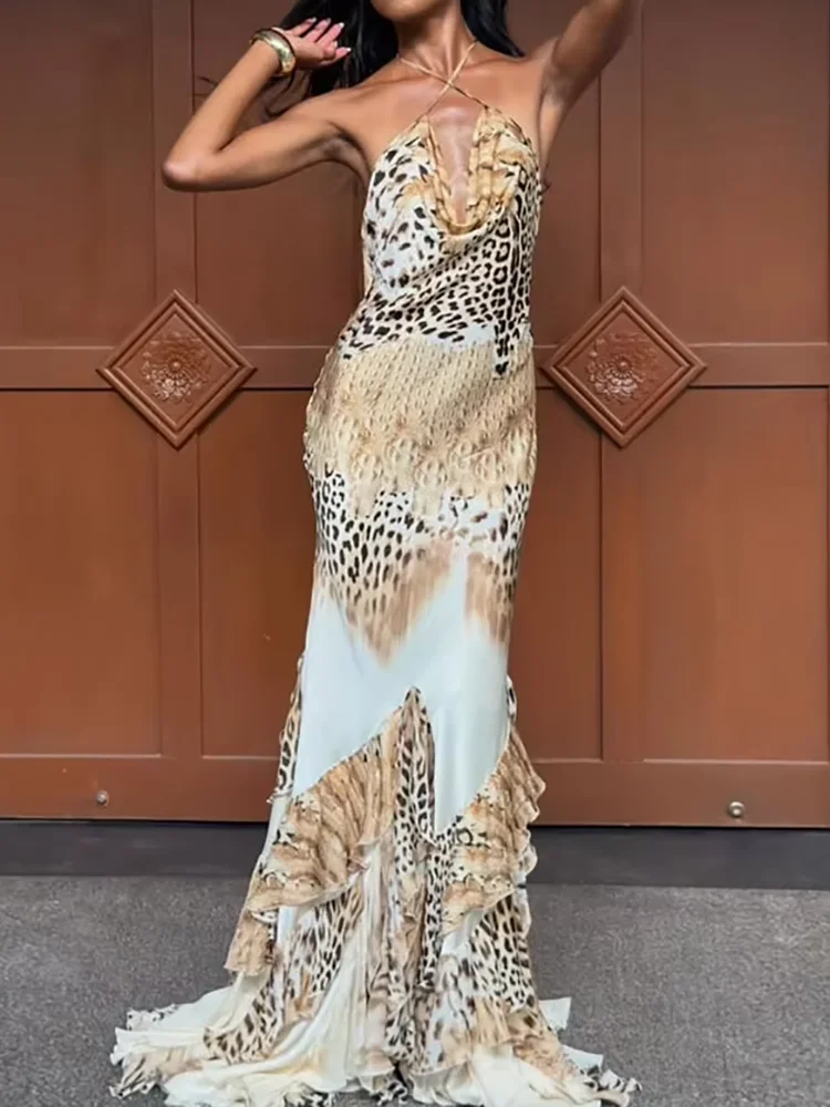 Elegantes Modisches Bedrucktes Patchwork-Maxikleid für Damen Sommer Ärmelloses Urlaubskleid Neckholder Schnürung Rückenfreies Damen-Partykleid