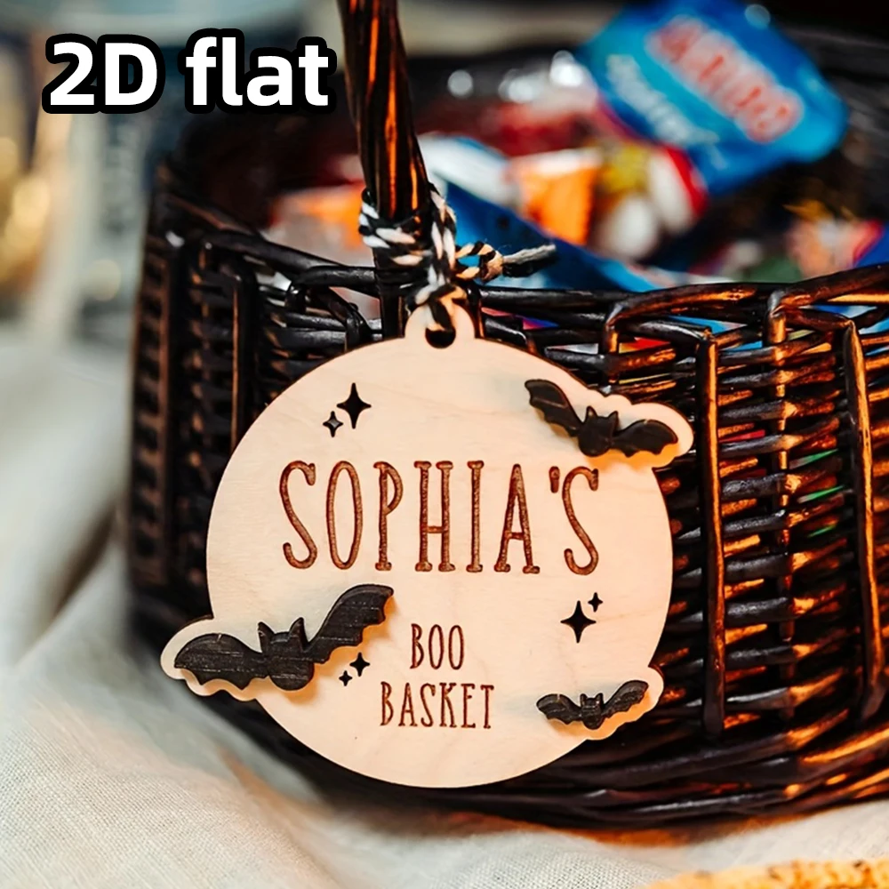 Personalized Halloween Name Basket Tag 1PC, 3D Bat & Pumpkin Design, Wooden Round Decoration, Halloween Party Gift Idea