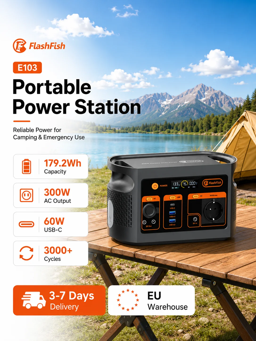 Tragbare Powerstation FlashFish E103 300W 179,2Wh Reine Sinuswelle 230V 60W PD für Camping Reisen Notfälle