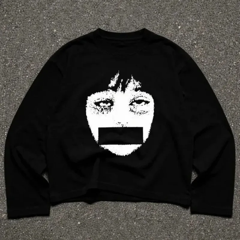 Grunge Silent Face Print Long Sleeve T-Shirt | Black Oversized Cotton Streetwear Tee Dark Punk American Streetwear Unisex E-girl
