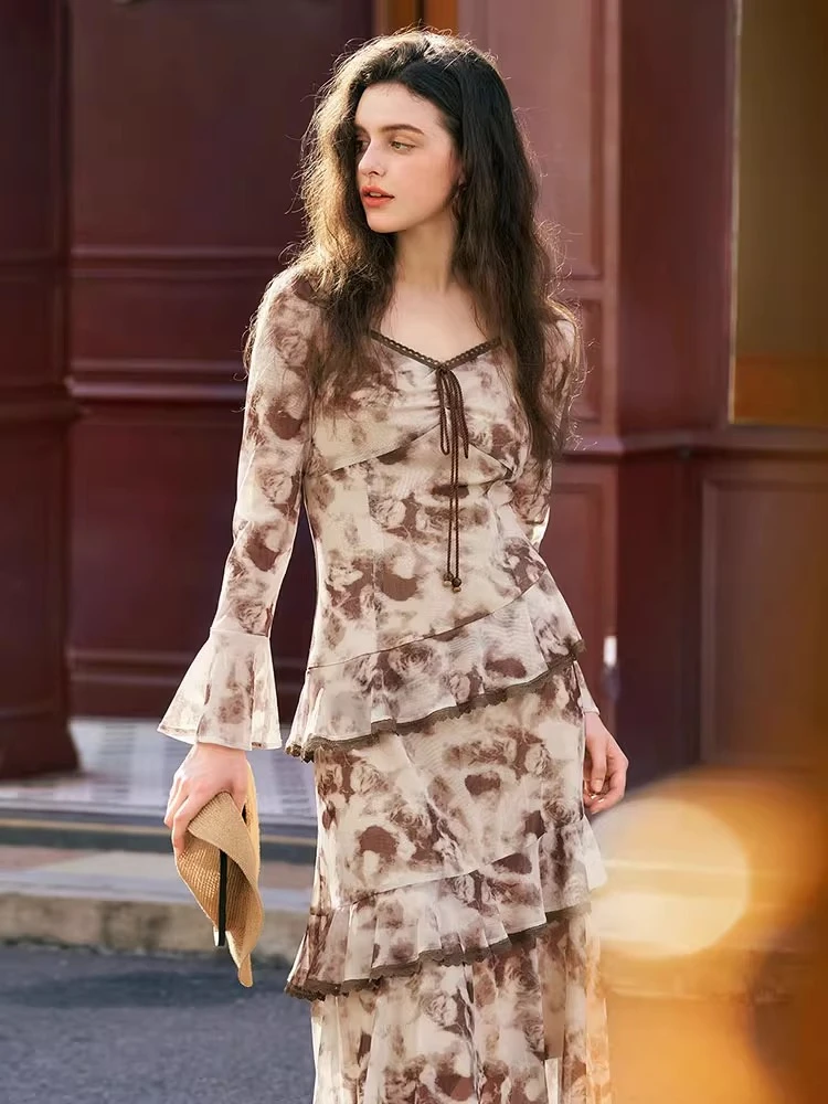 

OLrain French Long-sleeve Dress Women's Autumn 2025 Lace Up V-neck Dresses Casual Dress Commute Midi Female Clothing O57QL93805