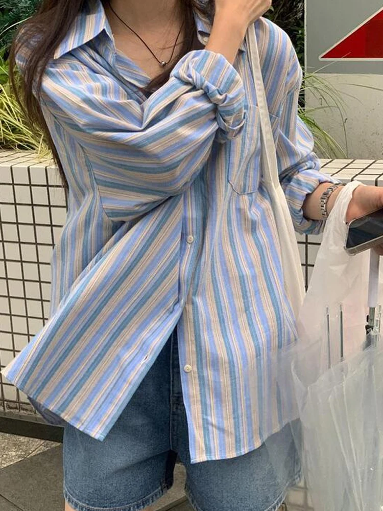 قميص نسائي فضفاض بأكمام طويلة وتصميم مخطط عتيق، ملابس خارجية كاجوال للربيع والخريف بياقة بولو، مريح وقابل للتنفس