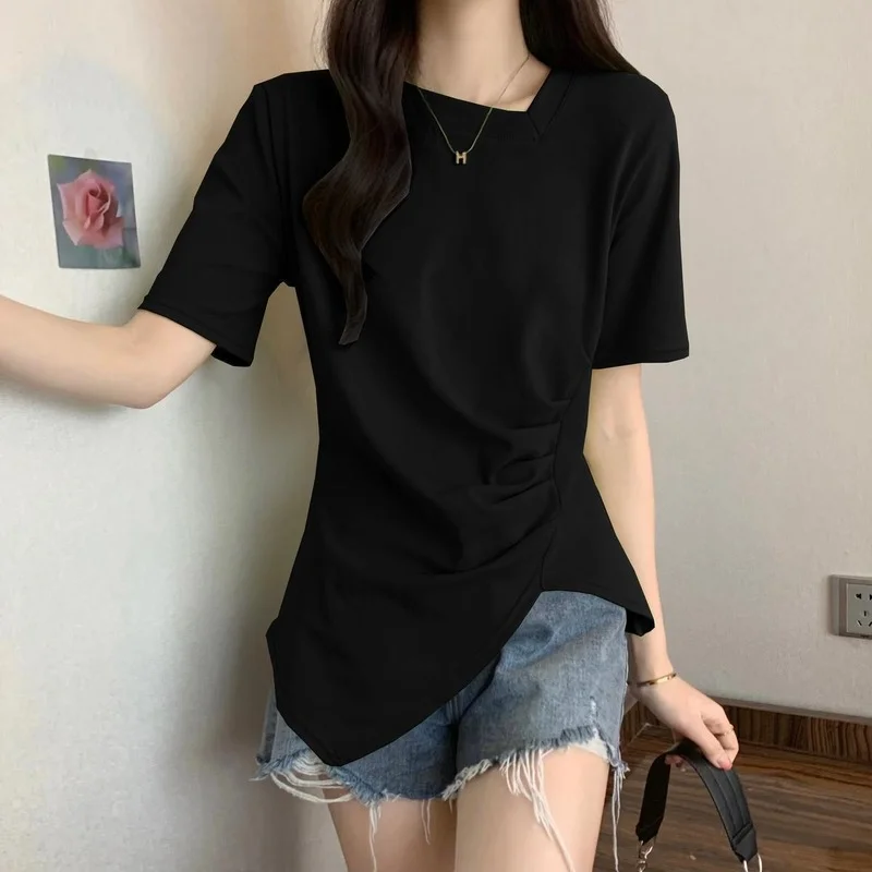 Irregular Short Sleeve T-shirts Women Summer Pure M-4XL Temperament College Casual Korean All-match New Arrival Футболка Женский