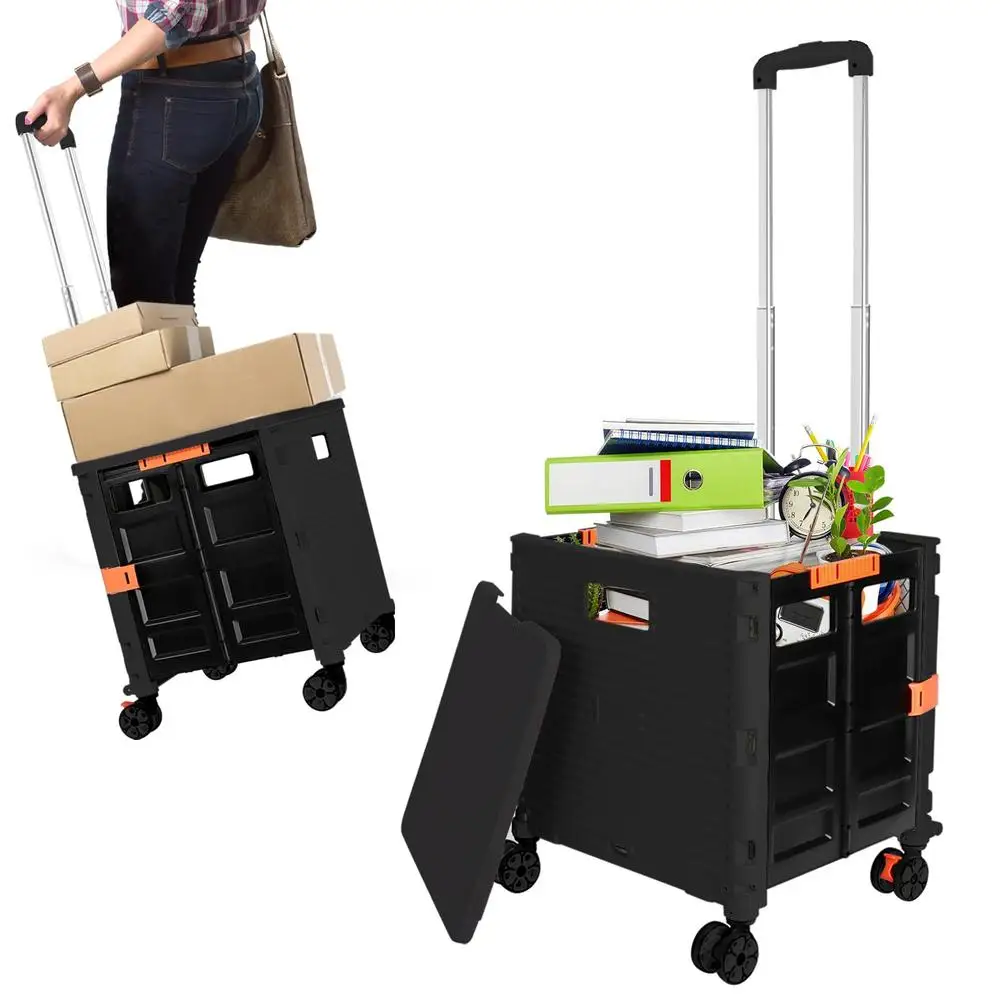 Collapsible Rolling Crate Utility Cart Tote Basket Teacher Cart Lid Wear-Resistant Noiseless 360° Rotate Wheel Telescoping 1.9