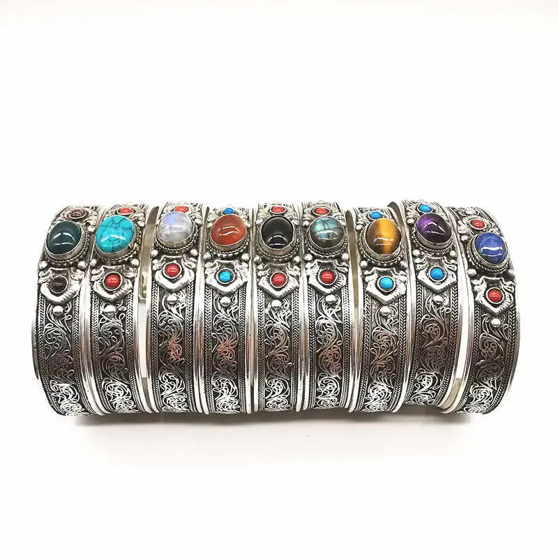 Tibetan Jewelry Copper Inlay Natural Stone Bead Wide Open Cuff Multi Stones 2024 Fashion Trend BB-007