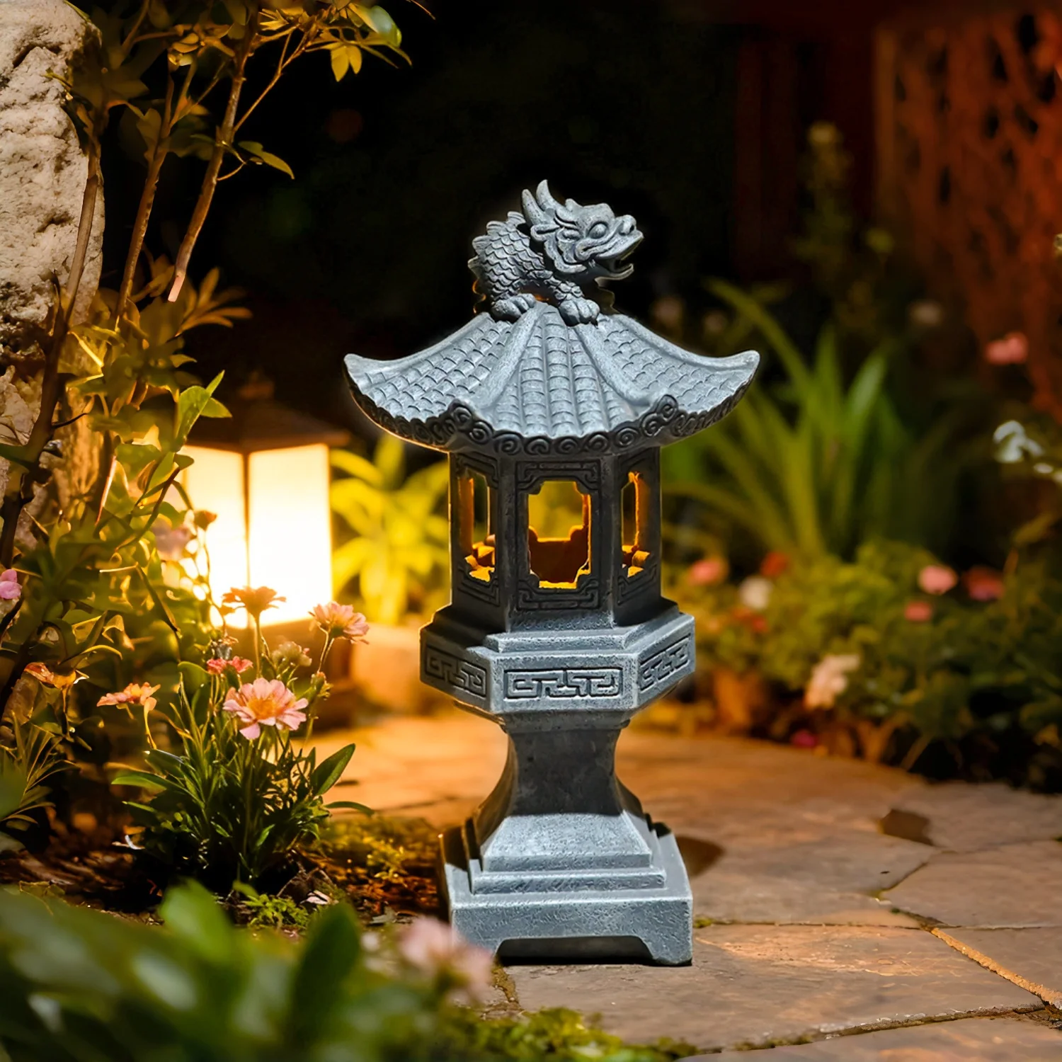 

Outdoor Solar Pagoda Lantern, Chinese Zen Auspicious Palace Lantern Resin Decoration, Pagoda Solar Lantern Garden Statue with Solar Lights, for Yard Patio Pathway Garden Home Decor