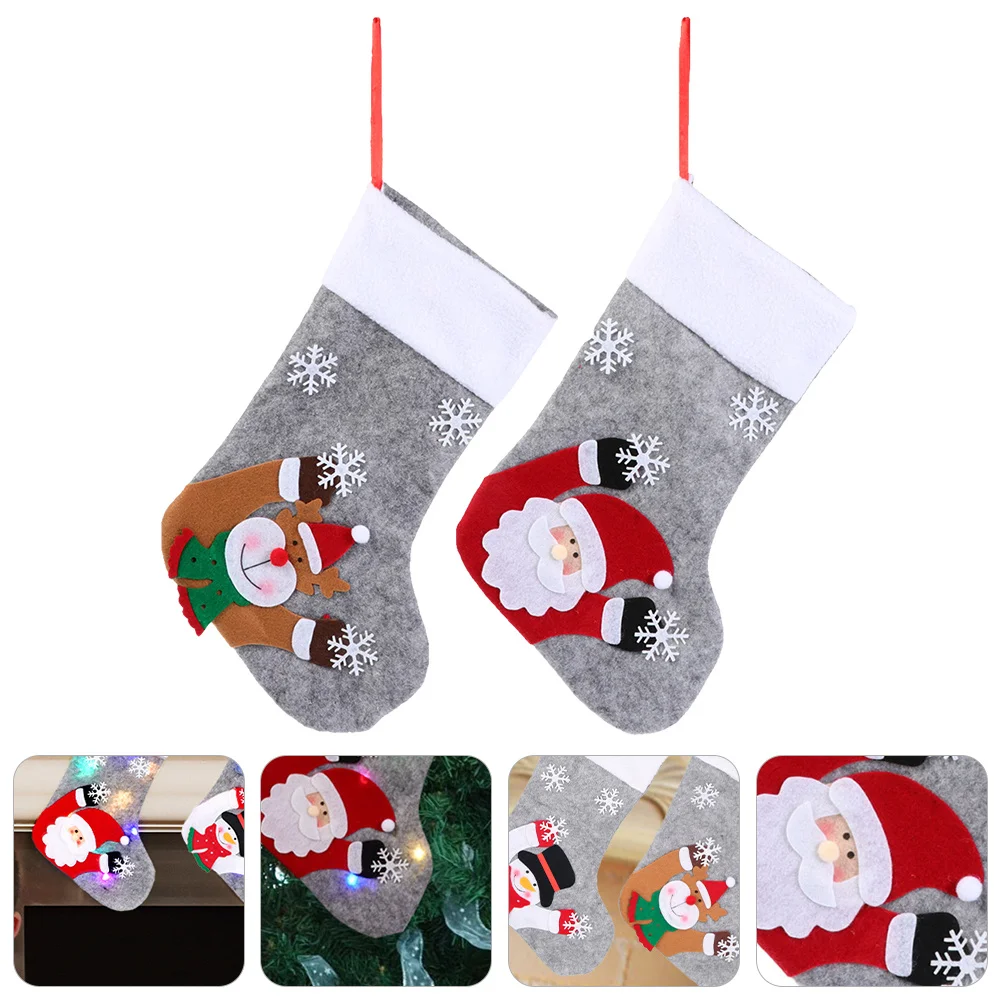 

2pcs Luminous Christmas Sock Large Capacity Foldable Lightweight Bright Colorful Patterns Hanging Gift Bag For Kids Christmas