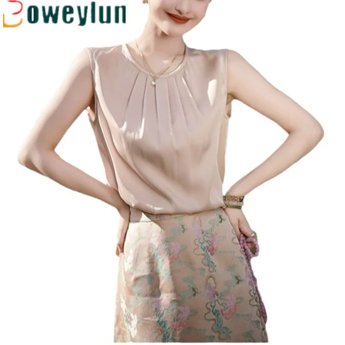 Boweylun New Simulated Silk Solid Colour Vest Summer Women Casual Round Neck Sleeveless T-Shirt