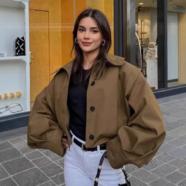 

Women Jackets Crop Oversized Outerwears Pleated Brown Button Long Sleeve Loose Coats New Coats Lady Vintage High Streetwear