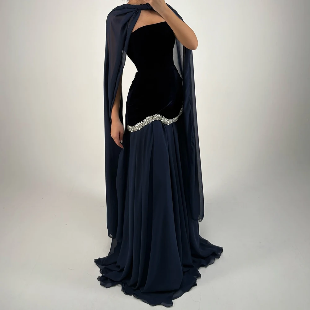 

Customized A-line Evening Dresses Floor-length Strapless Sleeveless Prom Gown Fashion Crystal Simple Stole Draped Party Gown