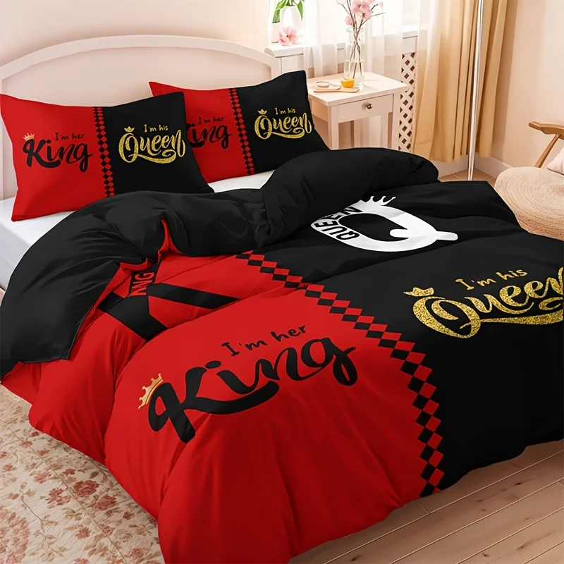 

Black Grey Crown Lettering Duvet Cover Set (1 Duvet Cover+2 Pillowcases) High Definition Printing For Home Dorm DecorIncluded