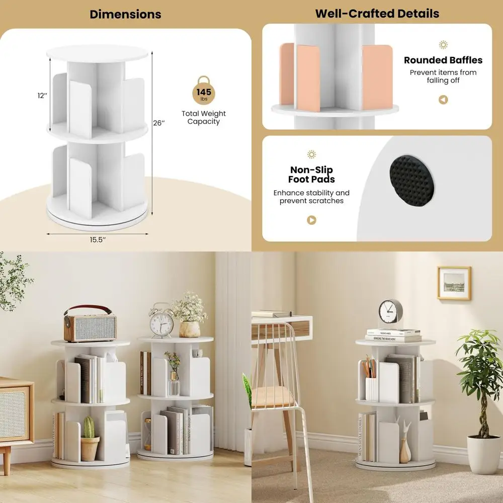 

360 ° Вращающаяся двухуровневая книжная полка с разделителями, защитой от опрокидывания, многофункциональный узкий напольный органайзер для хранения в гостиной