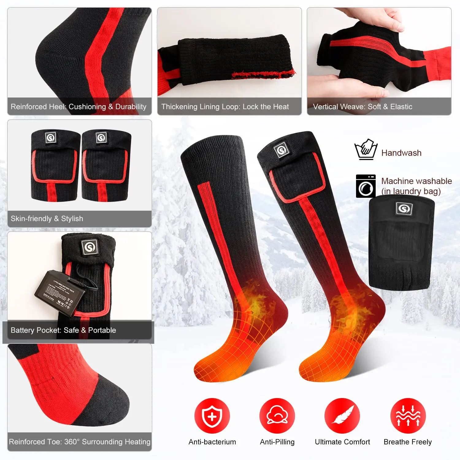 SNOW DEER Winter Heated Sock Rechargeable Battery Stocking Women Electric Heating Ski Socks Sports Man Thermal with Warmer Foot