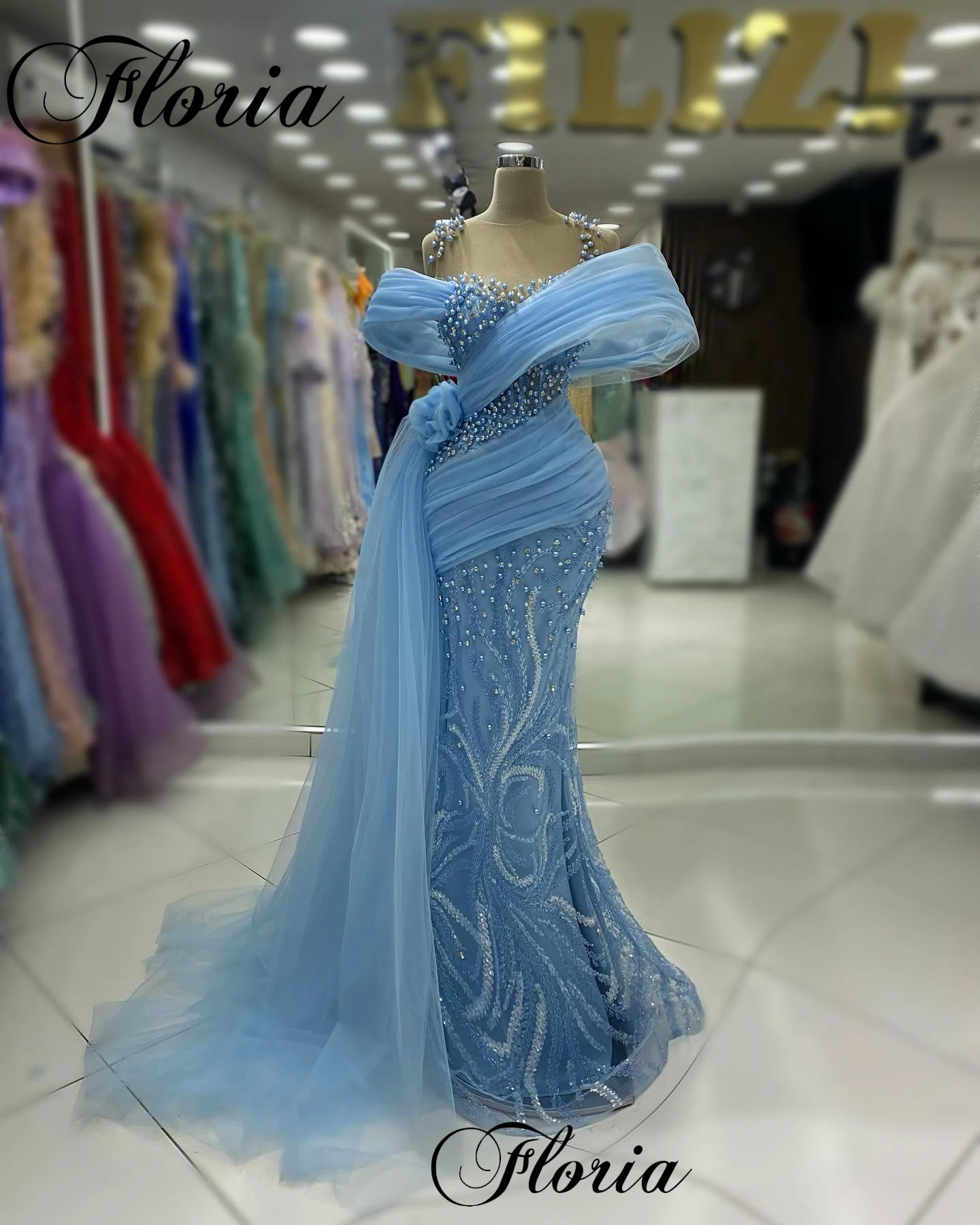 Haute Coutures Blue Celebrity Dresses With Pearls Sheer Neck Prom Party Dresses Mermaid Vestidos De Noche Pageant Dresses