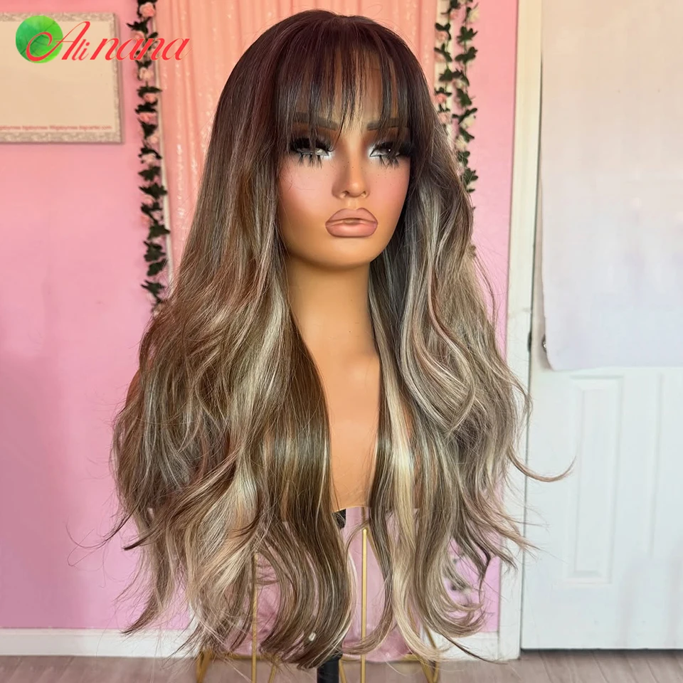 

Highlight Ash With Bangs Colored 13x6 Lace Frontal Wig Body Wave Pre-Plucked 5x5 Lace Closure Wavy Human Hair Wig For Women