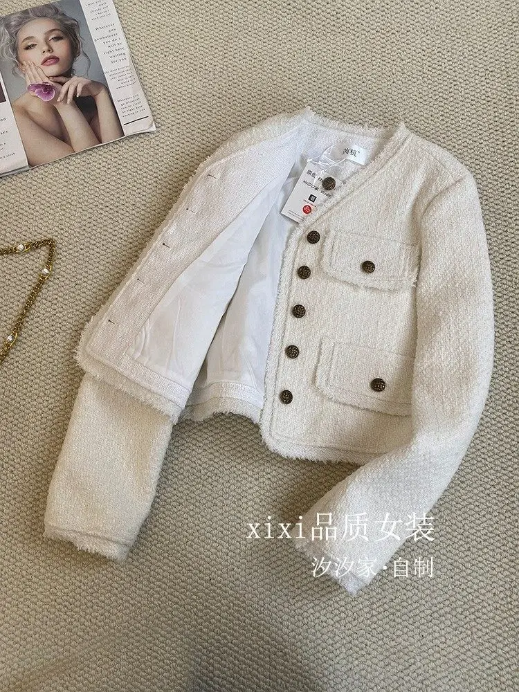 New  White jacket, high-end temperament, exquisite mid length wool top coat