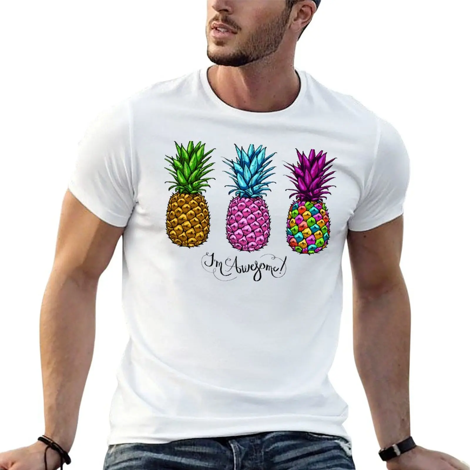

three multicolored pineapples, lettering awesome T-Shirt t shirt custom print mens graphic t shirts cotton tshirt 100% T-shirt