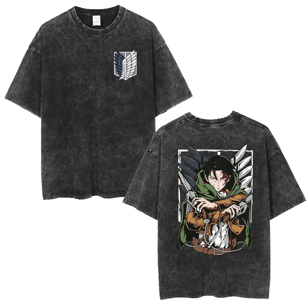 Anime Attack on Titan Grafik-T-Shirt Levi Ackerman Vintage Washed Oversized T-Shirts Herren Damen Y2k Harajuku Kleidung T-Shirt