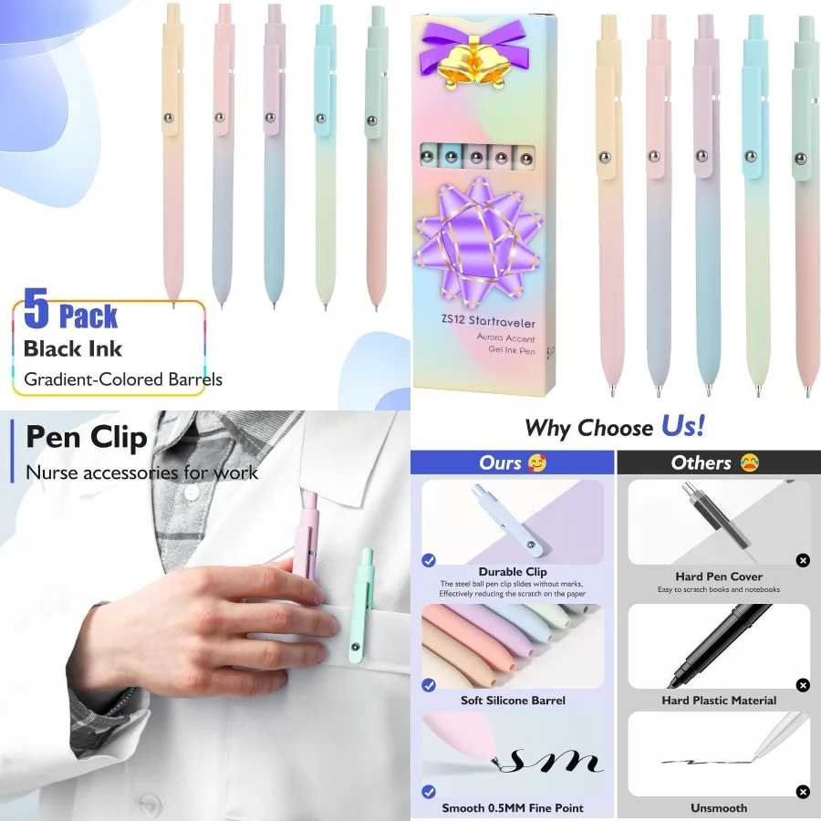 

Vanhench 5Pcs Gel Pens 0.5mm Black Ink Cute Pens for Journaling Nurse Gifts Accessories for Work Preppy Stuff Aesthetic Trendy