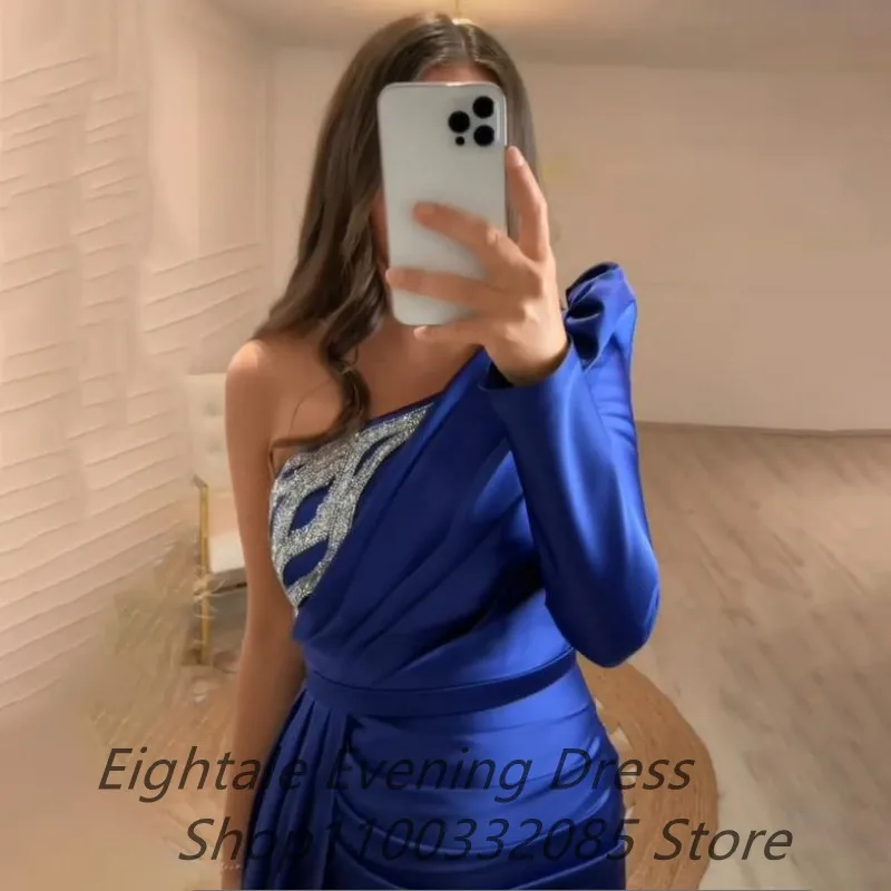 Royal Blue One Shoulder Beaded Long Sleeve Mermaid Evening Dress Long Luxury 2022 Sexy Side Slit Prom Dress Formal Party Gown