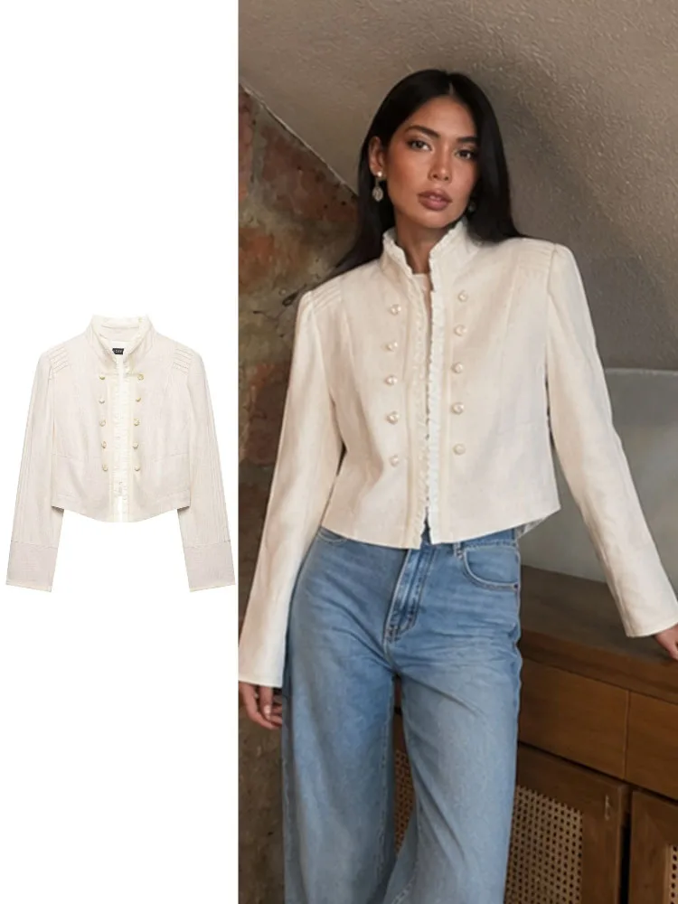 HH Women Spring Autumn Chic Off White Ruffled Stand Collar Double Breasted Cropped Jacket Long Sleeve For Street Casual Daily