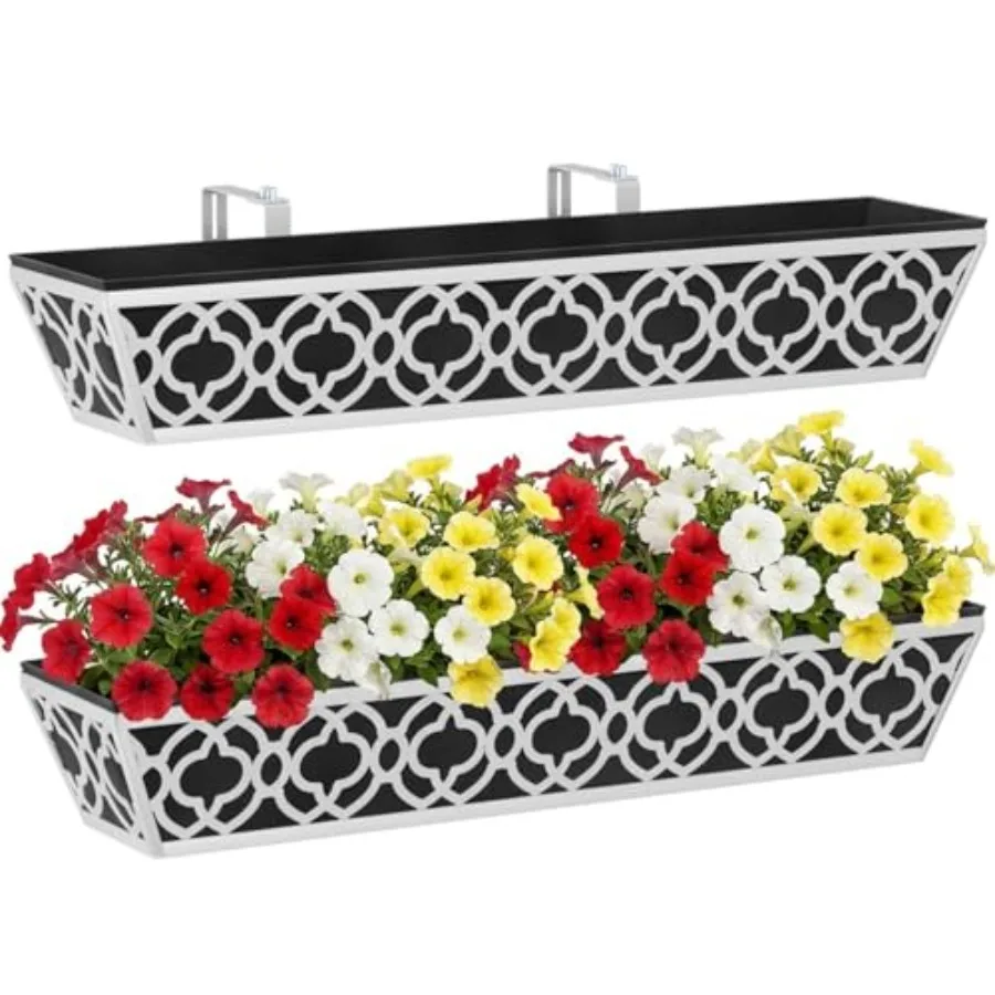 

Outdoor balcony, fence, patio, and garden railing planter boxes in gray, made of durable material with adjustable brackets and