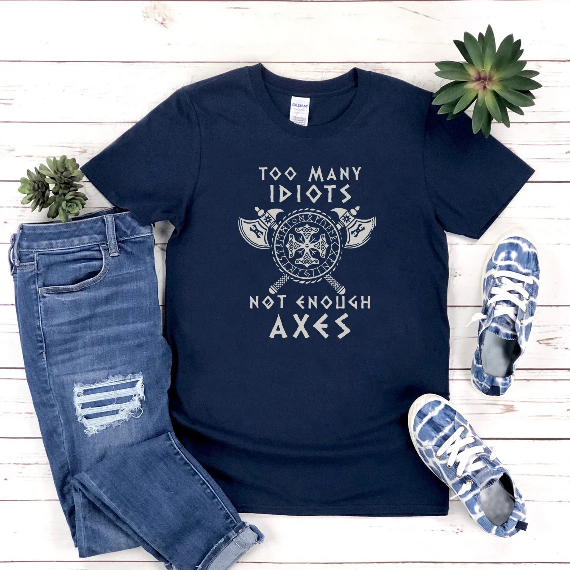 Too Many Idiots Not Enough Axes Vikings T-Shirt Norway Norse Mythology Viking Shirt Unisex Graphic T Shirts Short Sleeve Tops