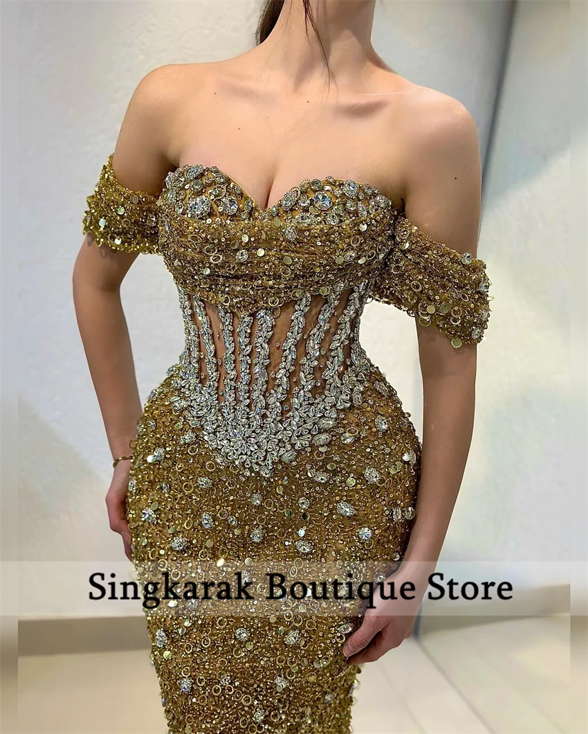 Glitter Gold 2024 Sweetheart Evening Dress Sparkly Beads Sequins Dimoands Rhinestones Mermaid Prom Wedding Party Dress