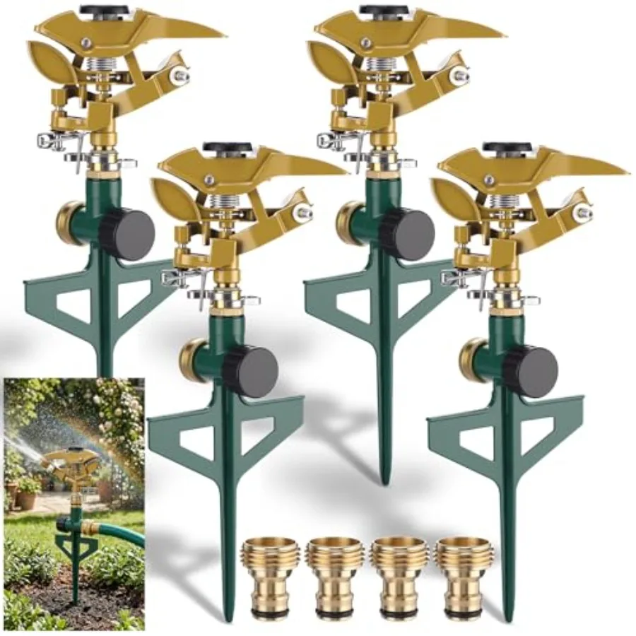 Heavy Duty Brass Impact Sprinkler for Large Area Yard Garden Irrigation, Metal Spike Base, Silver, 360 Degree Automatic Pulsati