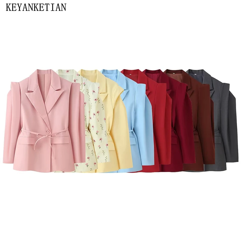 

KEYANKETIAN Autumn New Women's Clothing Flip Pocket Waist Strap Wide Shoulder Suit Coat Office Suit Women