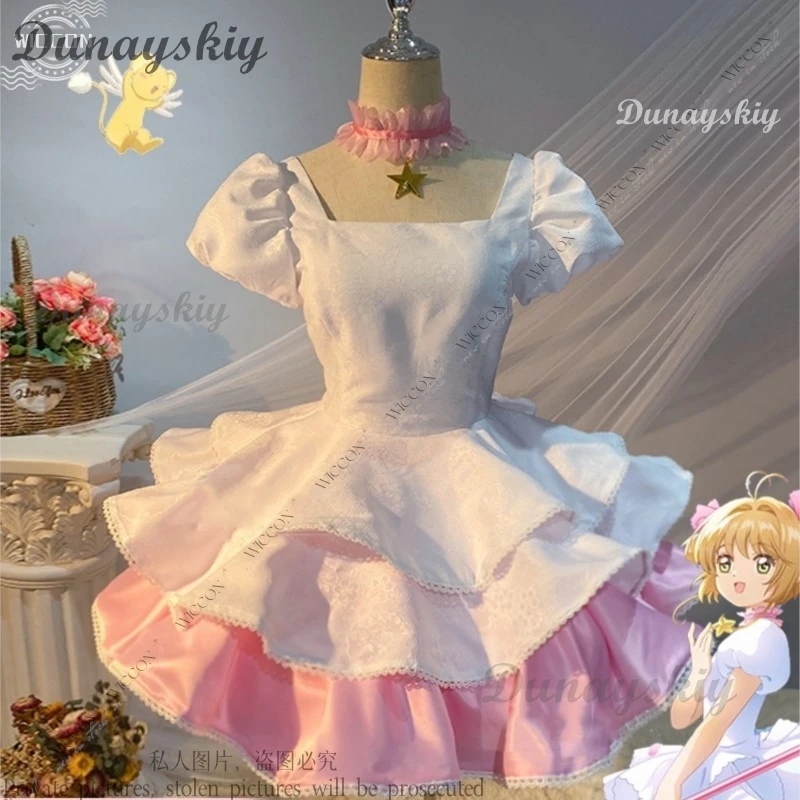 

Kinomoto Sakura Cosplay Costume Wig Bustle Cardcaptor Comic-Con Pinky White Dress Combat Clothing Role Play Magical Girl