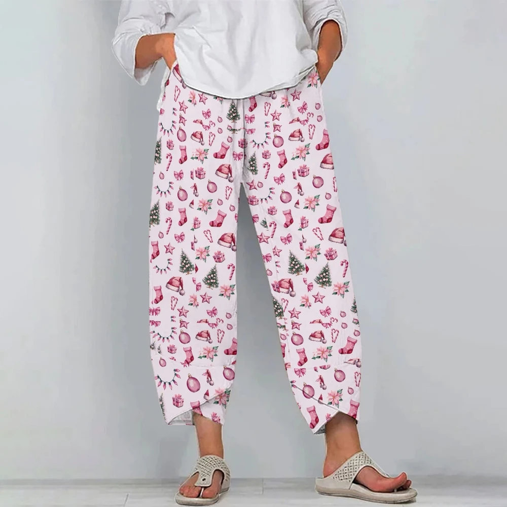 

Women's Christmas Pattern Printed Beach Pants, Pink Casual Pants, Loose Trend, Wide-Leg Traf, Nice Clothes, New