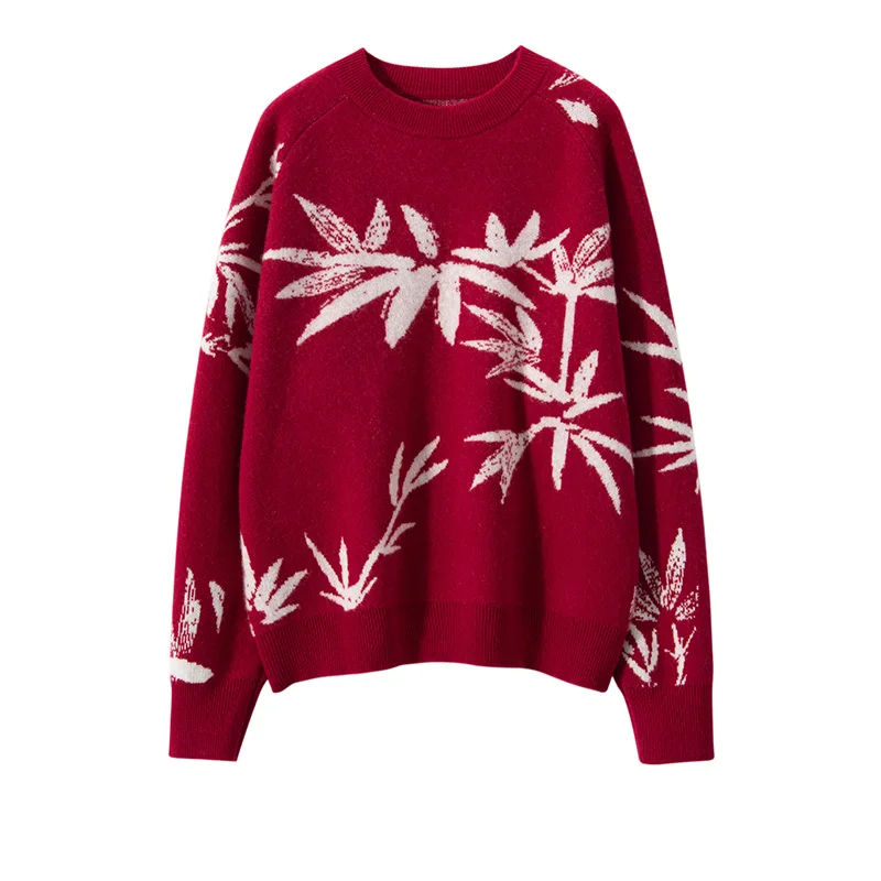 

Autumn Winter Women's Cashmere pullover Long Sleeve Round Neck Knitted Bamboo Leaf Pattern Basic Style High Quality Loose Top