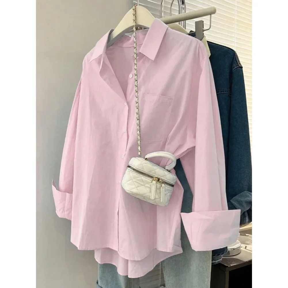 เสื้อเชิ้ตแขนยาวลำลองสำหรับผู้หญิงไซส์ใหญ่ 1XL-5XL ดีไซน์เรียบหรูทันสมัย สีพื้น เนื้อผ้าพอดีตัว หนาปานกลาง