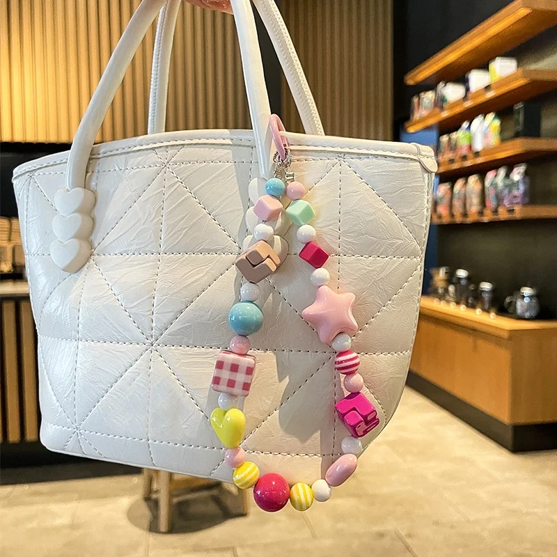 

Colorful Beaded Star and Heart Phone Charm - Cute Girl Style Bag and Keychain Accessory | Anti-Lost Wrist Strap and Gift Idea
