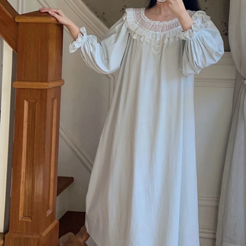 Sexy Cotton Lace Trim Long Robe Peignoir Sleepwear Women Princess Nightwear Gown Fairy Vintage Nightgown Victorian Night Dress