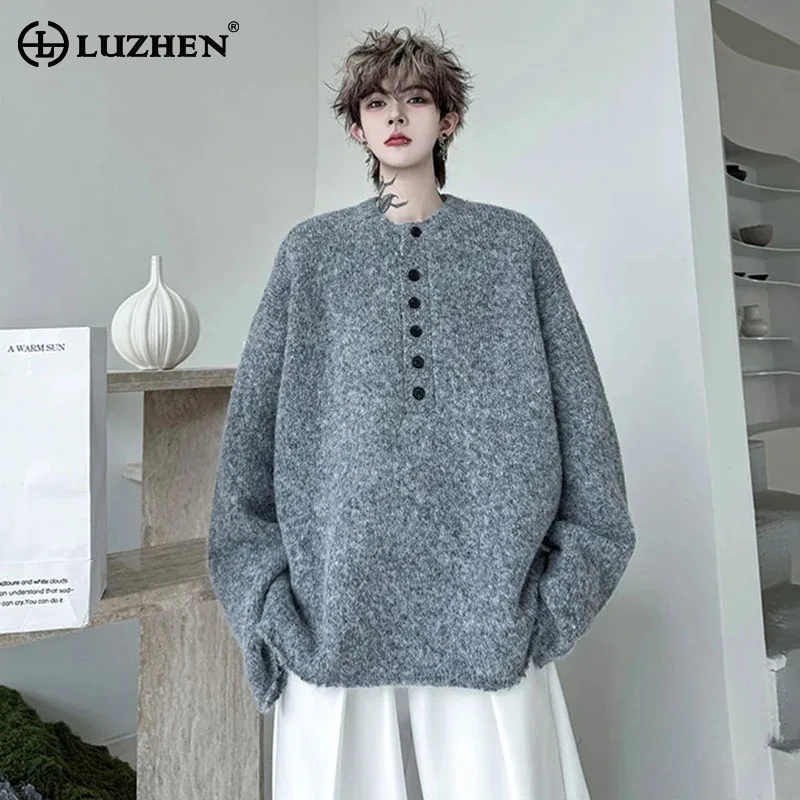 

LUZHEN 2025, новый зимний вязаный пуловер с круглым вырезом на пуговицах, мужской модный красивый однотонный свитер с длинными рукавами, мужской JY4487
