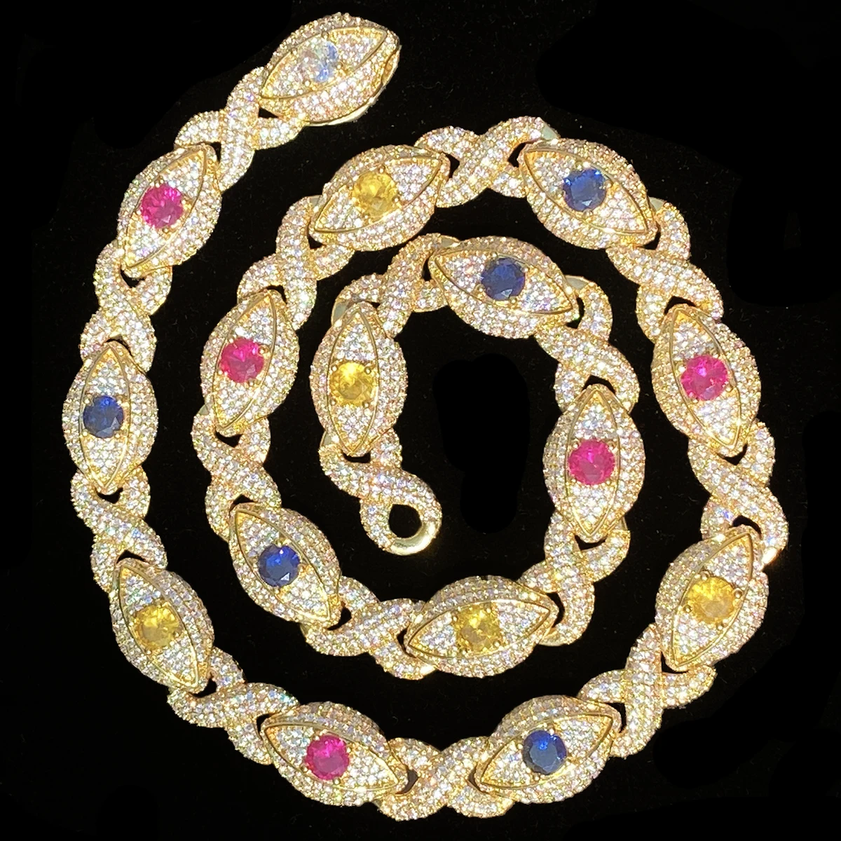 Aokaishen Iced Out Colorful Eye Infinity Link Chain for Men Necklace Choker Real Gold Plated Cubic Zirconia Hip Hop Jewelry