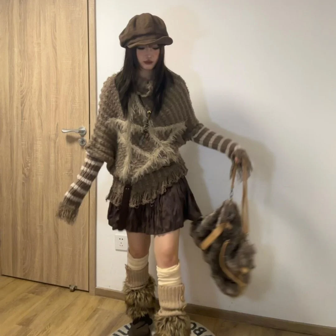 Herfst en winter nieuwe retro punk straat opstandig wandelen gevoel pentagram streep losse gebreide trui voor dames