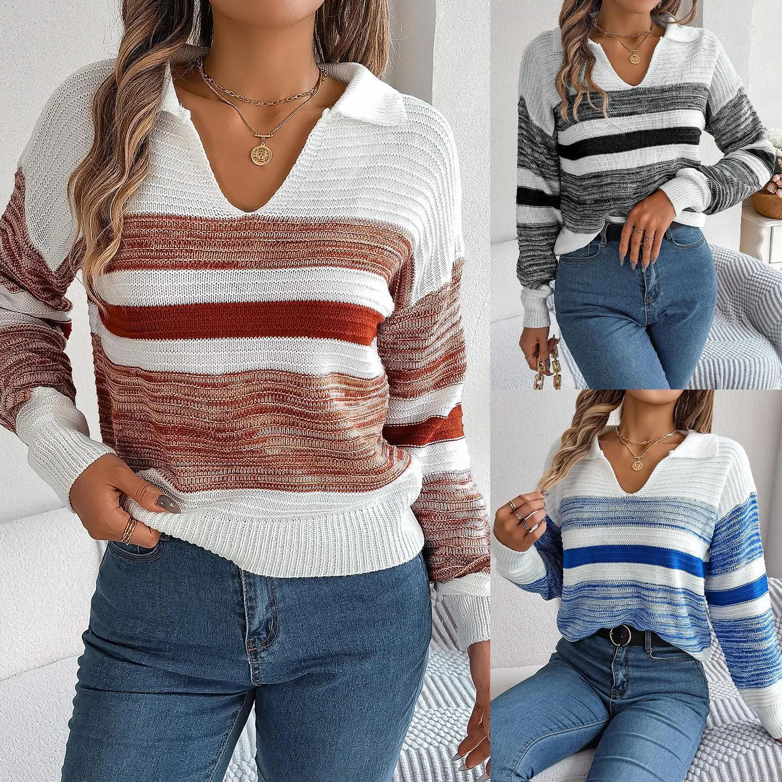 

Autumn Winter Casual Long Sve Knitted Overhead Sweater Color Blo Striped Independent Station Cross Border Women's Faion