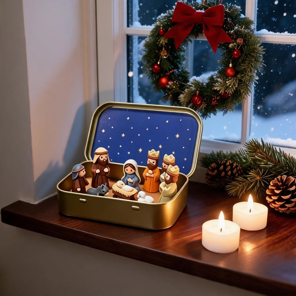 1pc Mini Nativity Scene Set Metal Box Pocket‑Style Christmas Manger Figurines Mary Jesus Shepherds Religious Tabletop Decor