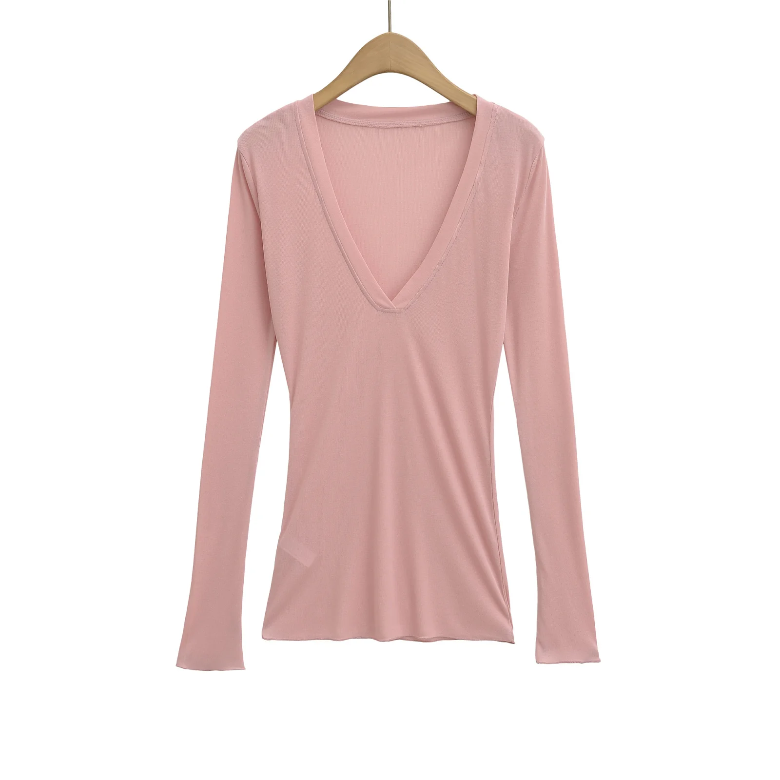 セクシーな深いVネックのロング丈Tシャツ、レディースインナーウェア、スリムフィット、ストリートスタイル、ピュアカラー、秋冬ファッショントップ