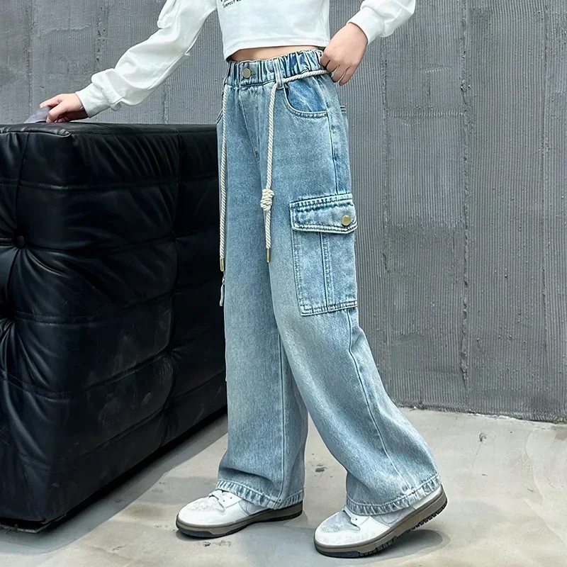 Teenagers Girls Cargo Jeans Spring and Autumn New Children Loose Multi-pocket Wide-leg Pants Kids Straight Baggy Trousers 5-15Y